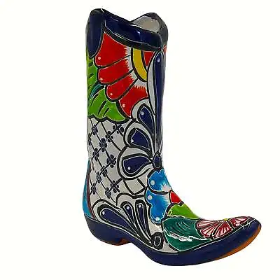 Mexican Talavera Cowboy Boot Planter Hand Painted - Dark Blue Trim • $41.99