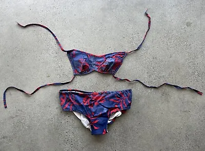 Vintage Fashions By Tina Blue & Red Cotton Floral Hawaiian Bikini Swim Suit USA • $60