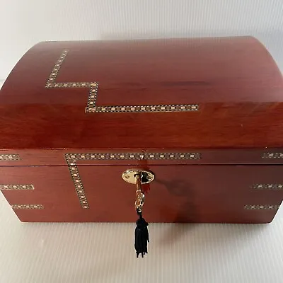 Luxury Red Oak Inlaid Lacquered  Large Jewelry Box With Lock & Key • $127.50