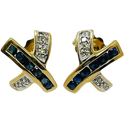 14K Yellow Gold Genuine Natural Blue Sapphire & Diamond Stud X Earrings (1356) • $377.99