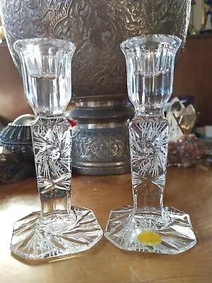 Pair Of Vintage Cut Etched Crystal Polish Candlesticks. Poland • $22.99