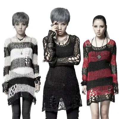 Casual Gothic Hole Sweater Visual Kei Cut Black Steampunk Coat Punk Shirt Top • $36.62