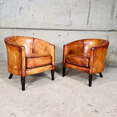 Exceptional Pair Of Mid C Tan Leather Tub Armchairs #34A • £1695