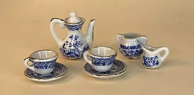 Asian  Miniature Tea Set Blue And White Teapot Sugar Creamer Cups Saucers • $10