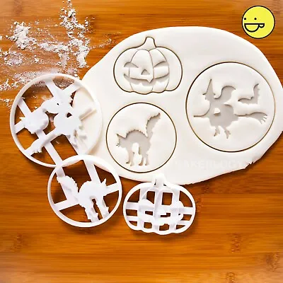 Set Of 3 Halloween Party Cookie Cutters: Witch Cat Jack O Lantern Pumpkin • £23.52