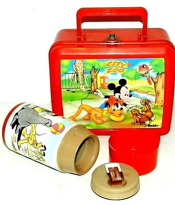 Vtg Aladdin Disney Mickey Mouse Pluto City Zoo Red Plastic Lunch Box Thermos USA • $32.99