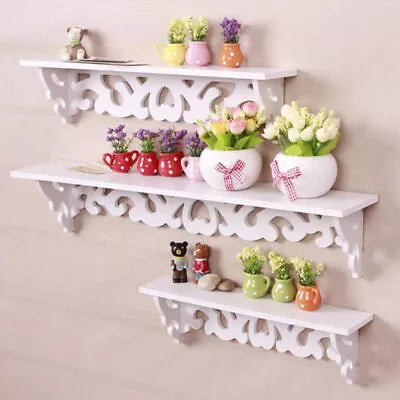 3 Pcs White Wooden Wall Mounted Shelf Display Chic Floating Storage Shelves Unit • £7.99