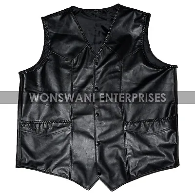 Men's Genuine Black Cowhide Leather Biker Vest Motorcycle Waistcoat Fashion Vest • $179.99