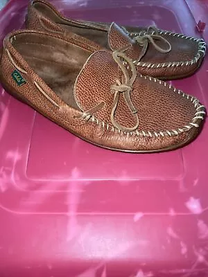 Cabelas Mens Brown Leather Crepe Sole Moccasin Slippers Size 8 • $29.90