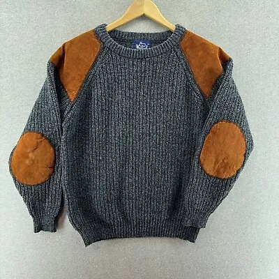 Vintage Woolrich Mens Sweater Gray Medium Wool Suede Leather Accents Knit Chunky • $28.90