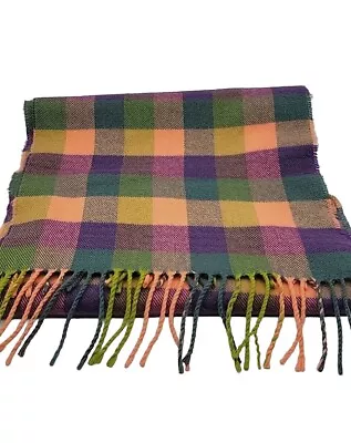 Cashmere Plaid Pastel Purple Orange Green Teal Fringe Scarf Made In Scotland • $12.90