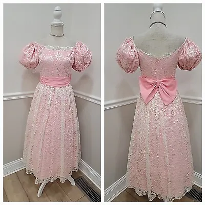 VTG'80s  ILGWU Pink Lace/ Taffeta Prom Formal Evening Dress/Puff Sleeve/Bow  • $44.99