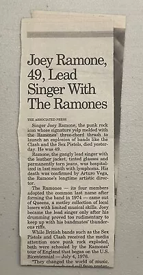 $50 • Buy Joey Ramone Obituary Associated Press New York City Punk Rock Queens Newspaper