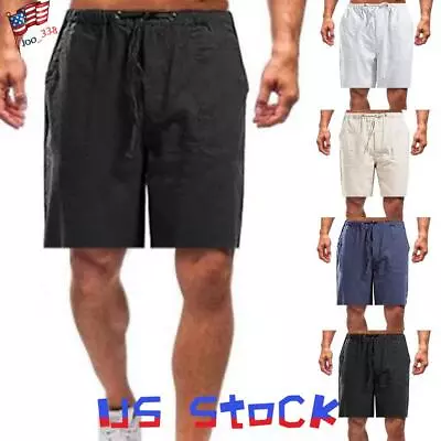 Mens Cotton Linen Shorts Elasticated Waist Drawstring Summer Casual Short Pants • $17.89