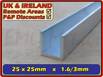 Aluminium Channel Section  25 X 25mm OD  22mm 19mm Inside Gap  U C 1.5mm 3mm • £7.95