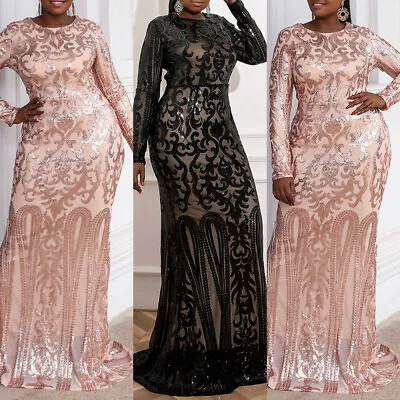 $42.85 • Buy Plus Size Women Sequins Lace Long Sleeve Bodycon Long Tail Dress Party Ball Gown