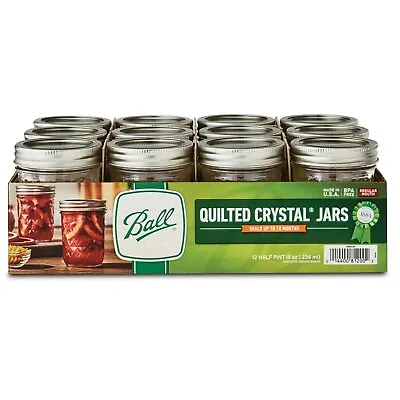 Ball Quilted Crystal Mason Jar W/ Lid & Band Regular Mouth 8 Ounces 12 Count • $13.97