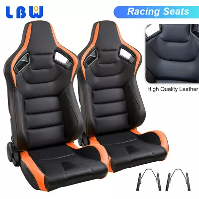 2x Universal Racing Seats Black Faux Leather+Orange Stitching Recline 2 Sliders • $399.13