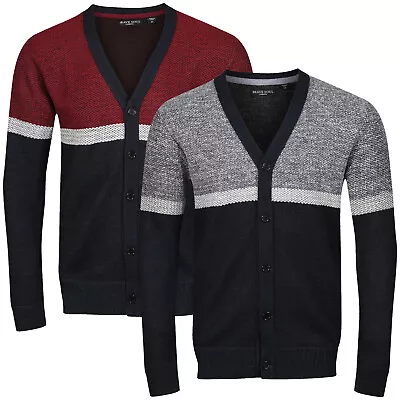 Mens Cardigan Knit Long Sleeve Button Up Jumper Warm Top V Neck Contrast Sweater • £12.99