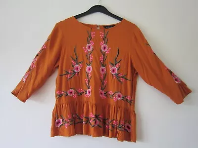 New Look Size 10 Peplem Top Mustard Yellow Embroidred Floral Blouse • £9.99