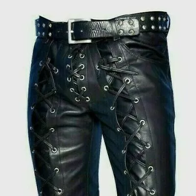 Men's Real Cowhide Waxed Black Leather Pants Side Lacing Jean Trouser Cuir • $109.99