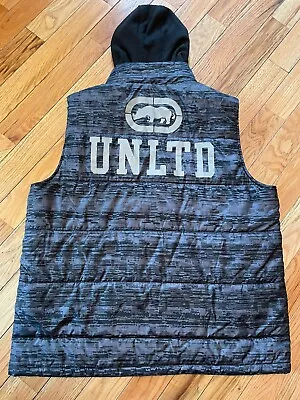 Ecko Unltd Hoodie Puffer Vest Mens Size XXL Zip Closure Pocket Gray Camo Print • $21.99