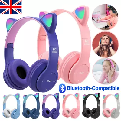 Kids Children Headphones Wireless Bluetooth Headset LED Lights Cat Ear Earphone • £7.29