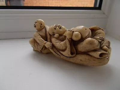 Vintage Beige Netsuke Laughing Pot Bellied Buddhas Figure • £29.99