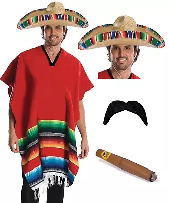 Adult Mexican Sombrero Hat Poncho Tash Cigar Costume Western Bandit Fancy Dress • £23.90