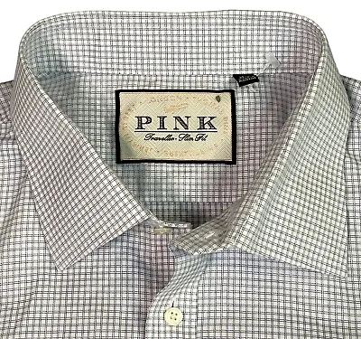 Thomas Pink Dress Shirt Mens 18.5 47cm Traveller Slim Fit Button Up White Blue • $34.79