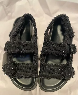 NWT ZARA  Black Rhinestone Fuzzy Sandals Size 41 EU 10 US Womens Birk Like • $50