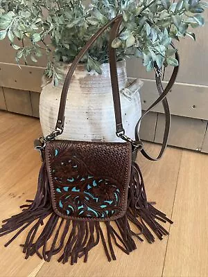 Montana West GENUINE LEATHER Tooled Fringe SMALL Crossbody COFFEE & Turquoise • $36