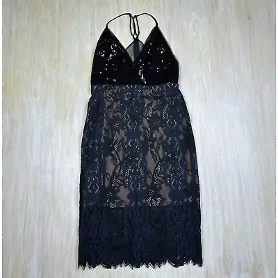 BCBGMaxazria Elvita Sequin Lace V-Neck NYE Party Cocktail Evening Slip Dress 6 • $35