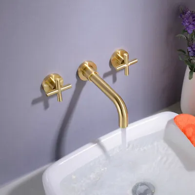 Bathroom Brass 2 Handles Wall Mounted Swivel Spout Sink Faucet Basin Mixer Taps • £47.99