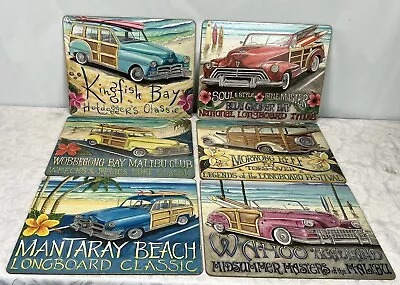 Set Of 6 Retro Sarina 'Woodies' Vintage Car & Surfing Themed Cork Backed Placema • $20