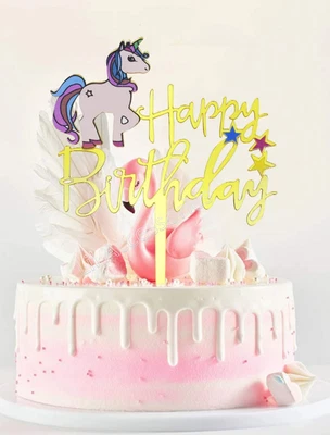 $6.76 • Buy Unicorn Happy Birthday Acrylic Gold Cake Topper
