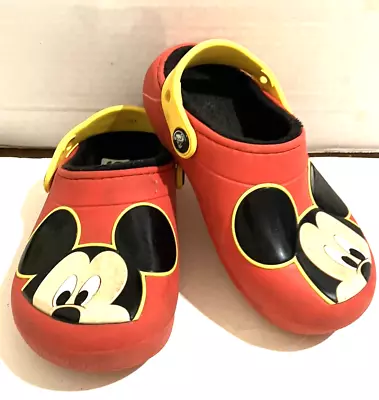 Mickey Mouse  Disvet Kids Size C 11 Red Faux Fur Lined Crocs  Clog Shoes • $14.96