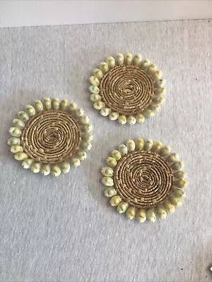 $7 • Buy Bohemian 3 Shell And Woven Grass Coaster Set Beach Coastal Boho
