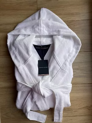 Tommy Hilfiger White Icon BathRobe Dressing Gown 100% Terry Cotton Size L • £45