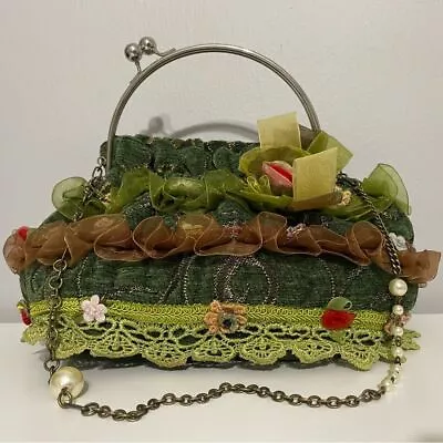 Vintage Style Kiss Lock Green Brocade Tapestry Handbag Unusual Funky Bag • $40