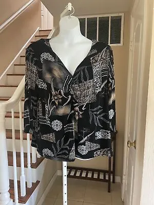 Vikki Vi Slinky Stretchy Top Black Brown White Asian Design Top 3/4 Sleeves 3X • $22.99