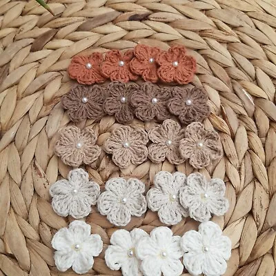 Handmade Crochet Flowers With Pearl Cream Beige Embellishment Applique Patches  • £4.90