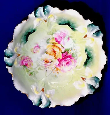 RS Prussia Iris Mold Salad Bowl Roses Green W/Highlights Gold Trim 9.25 In. • $60