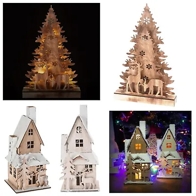 £12.99 • Buy Christmas LED Scene House Tree Reindeer Light Up Wooden Decoration Xmas Ornament