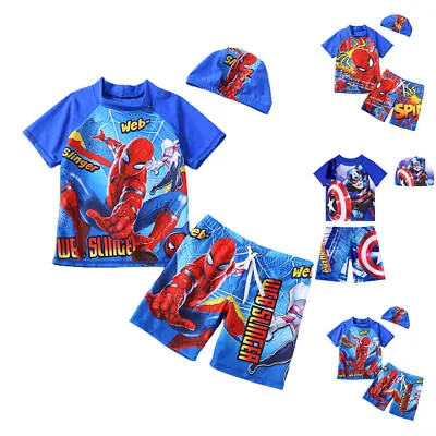 Kids Boy Spiderman Captain America T-Shirt Pants Swim Cap Set Swimming Suit 3Pcs • £12.49