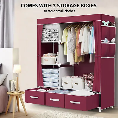 LOEFME Fabric Canvas Wardrobe Closet + Hanging Rail Shelves 3 Storage Boxes Red • £26.99