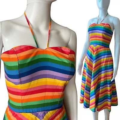 Vintage 1970s 60s Rainbow Women’s Dress Boho Bohemian Halter Pride Fit And Flare • $98
