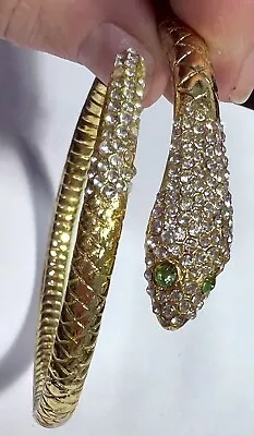 Vtg Gold Rhinestone Textured Snake Bracelet Fixed 1 Size Green Eyes Heavy • $48