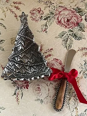 NWT Christmas MUDPIE Pewter Holiday Christmas Tree Dish W/Spreader/Knife 7” H • $2.95