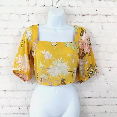 H&M Blouse Women Small Yellow Floral Crop Square Neck Open Back Lace Up Boho Top • $13.99